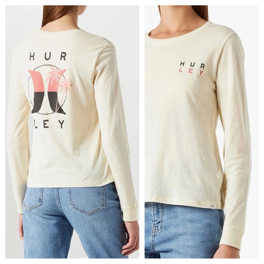 Hurley Cream Palm Tree Graphic Long Sleeve Cotton Tee Size Various